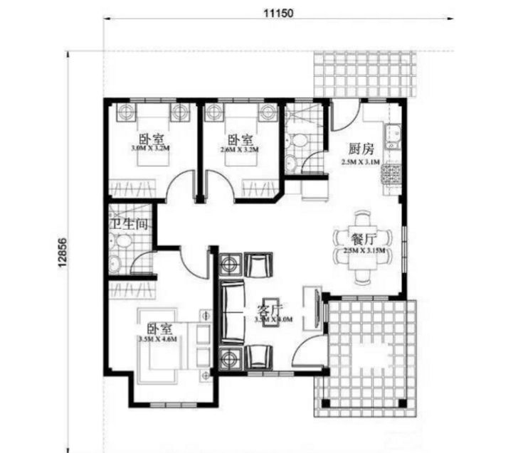 新农村钢结构别墅11米X13米 3房2厅 含效果平面图(图2)