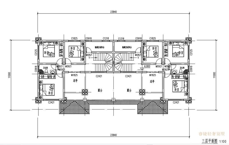三层（两层半）双拼新农村别墅设计图纸(图6)